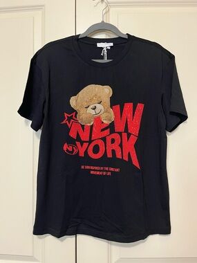 Black Tee with Gold Teddy and Red 'NEW YORK' Graphic